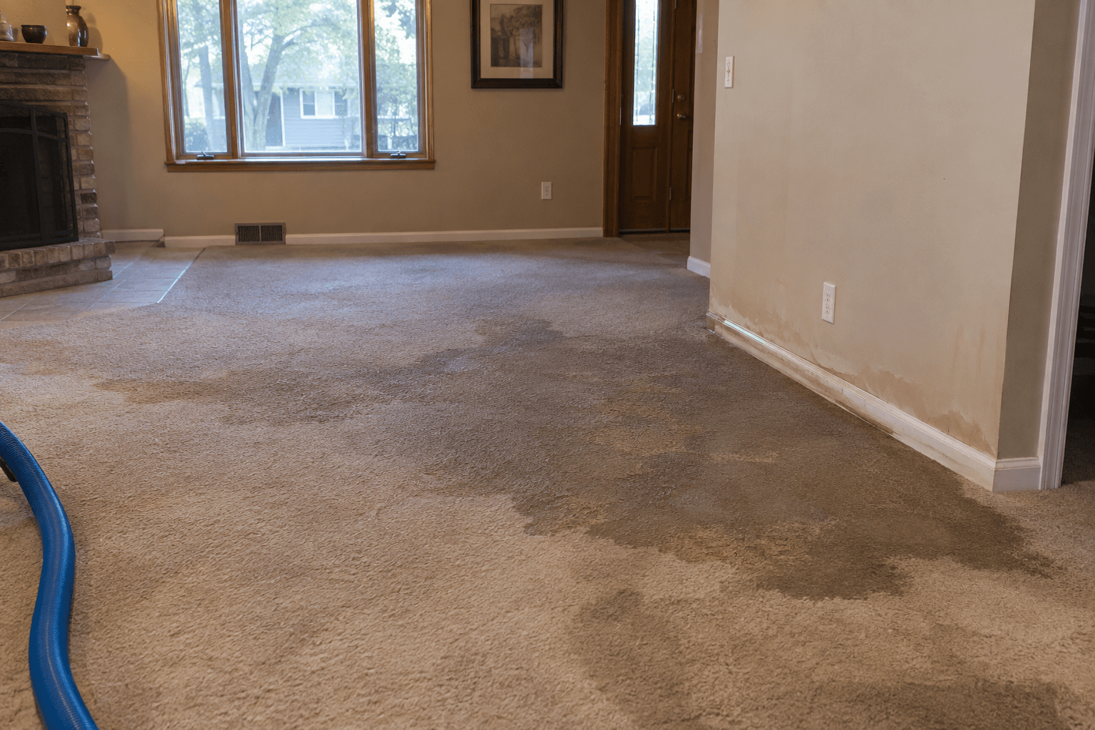 Saturated carpet and wall after a supply line leak