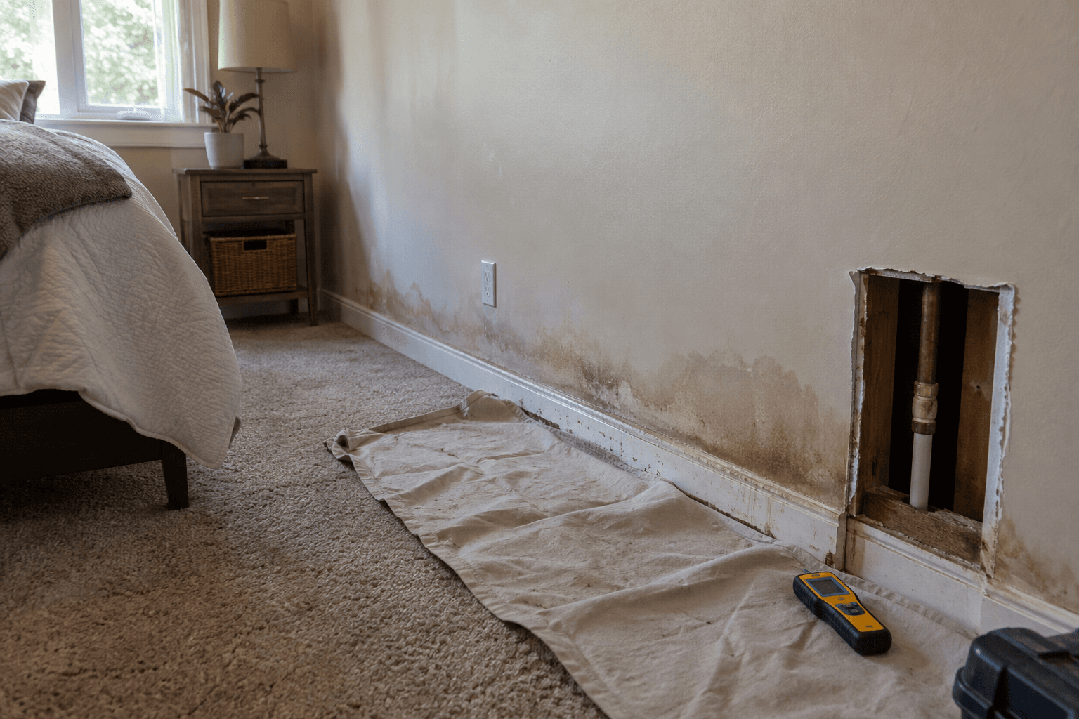 Water-damaged bedroom wall before restoration