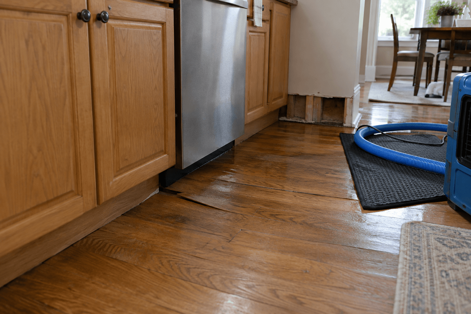 Cupped wet hardwood beside a leaking dishwasher