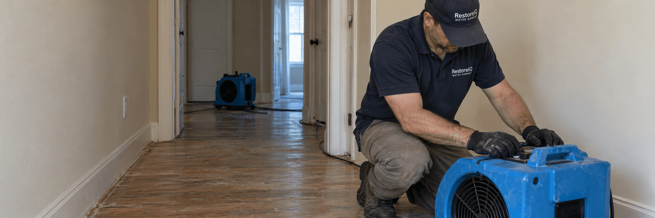 Restoration technician setting up a blue air mover inside a home