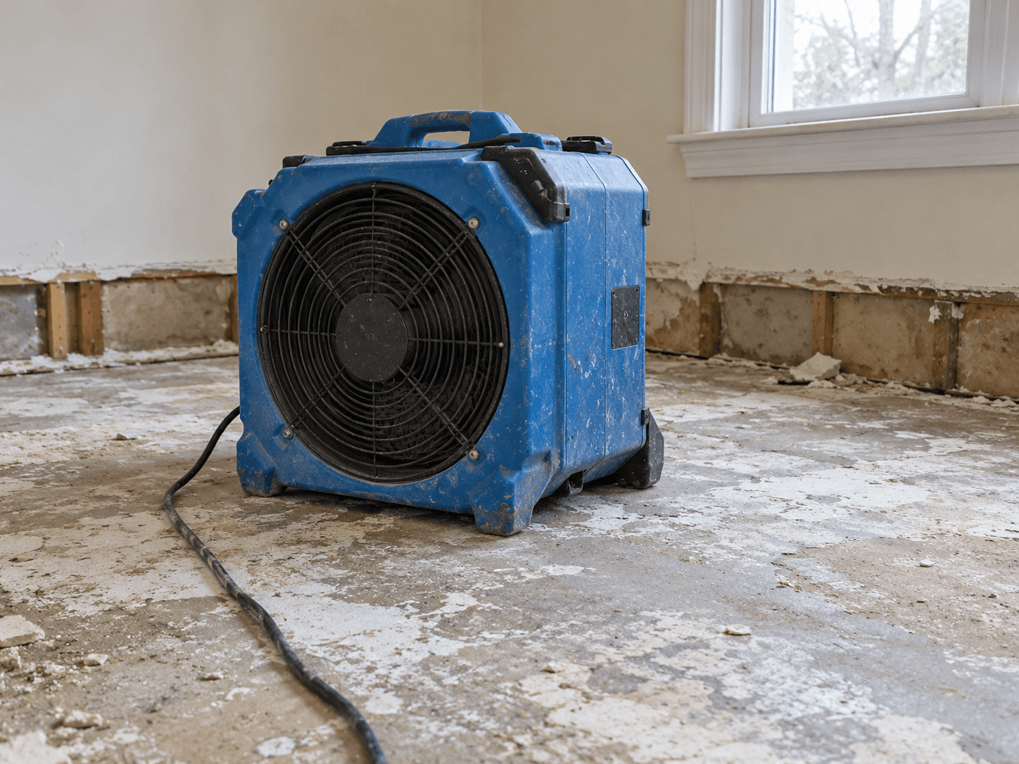 Blue air mover on a damaged subfloor beside a window