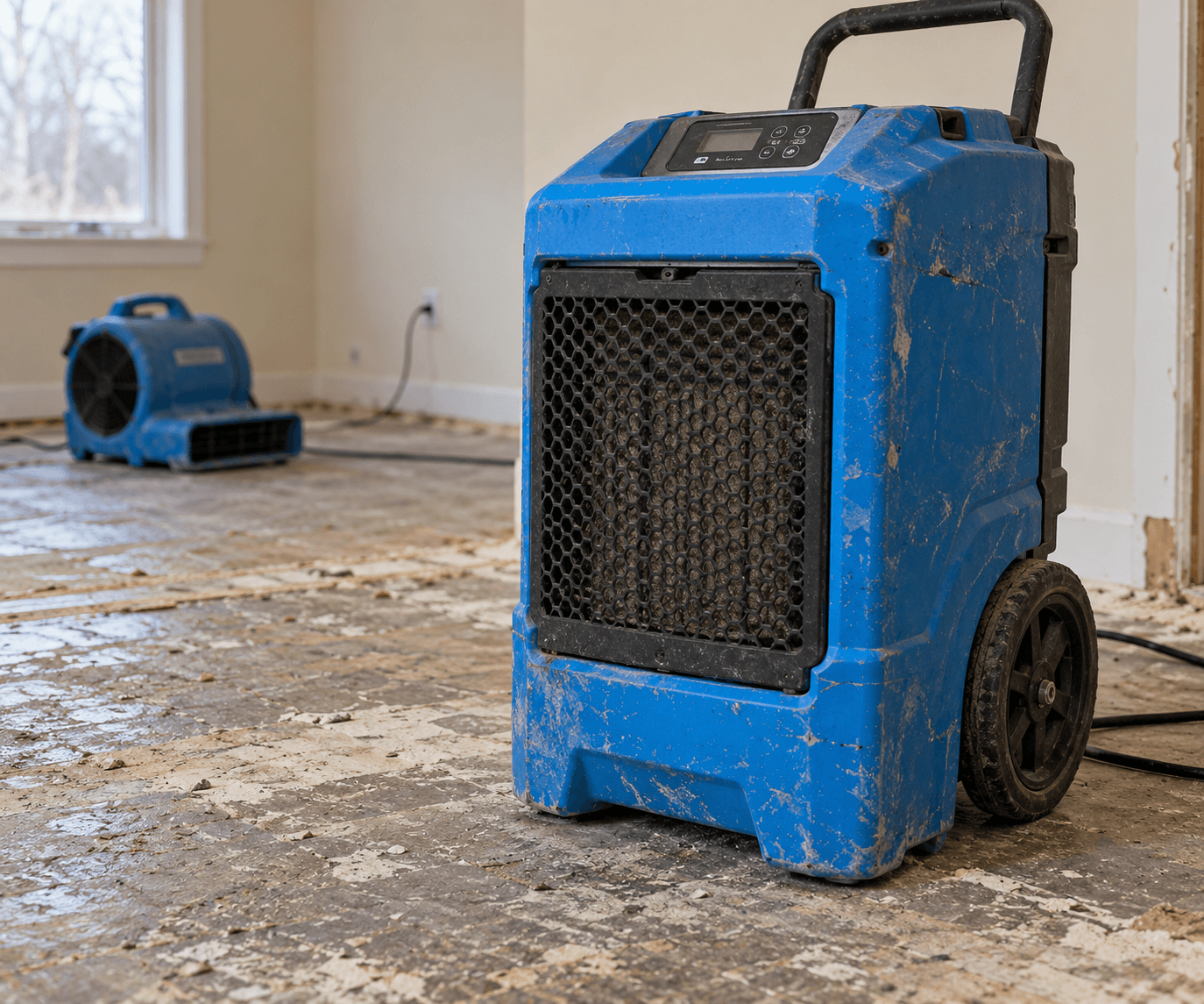 Blue industrial dehumidifier and air mover inside an affected room