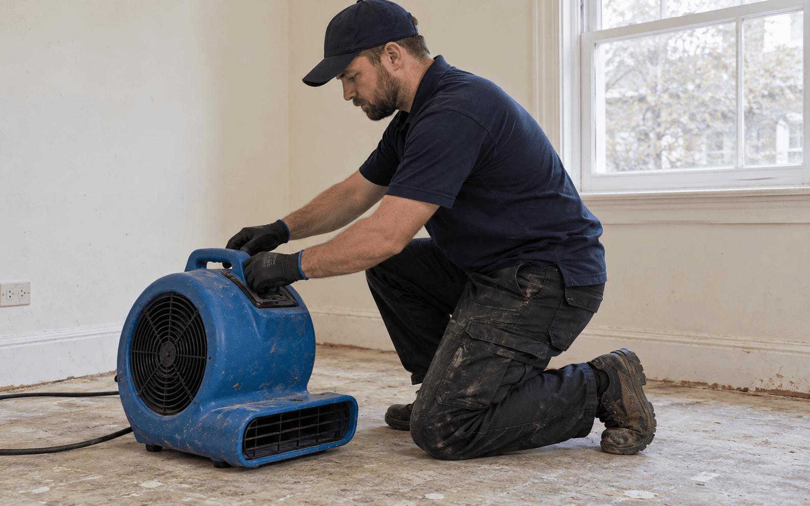 Restoration technician kneeling to adjust an air mover