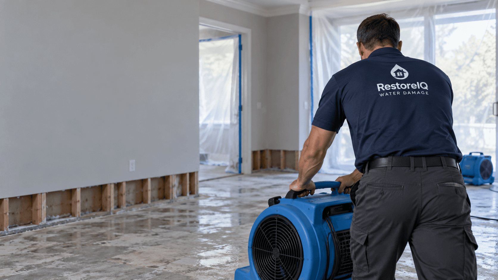 RestoreIQ technician positioning a blue air mover inside a home