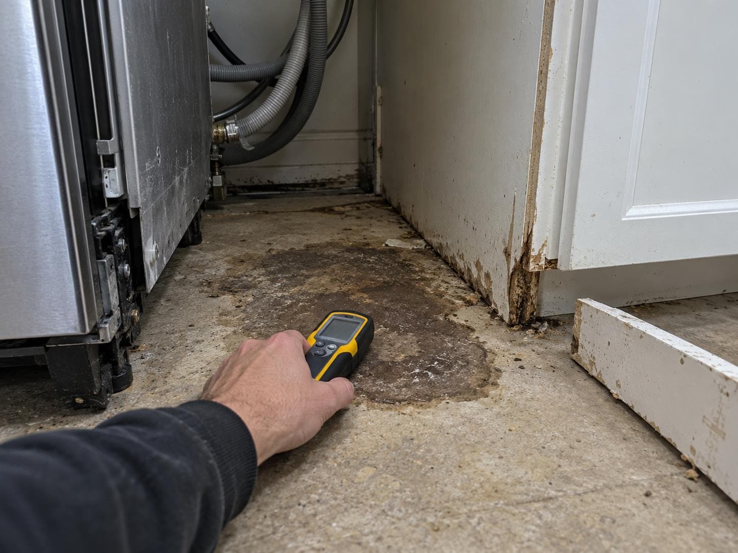 Dishwasher pulled out from a cabinet run with a moisture meter against the exposed subfloor