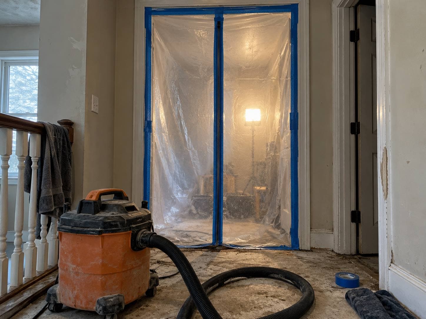 Doorway sealed with zippered plastic sheeting forming a containment barrier