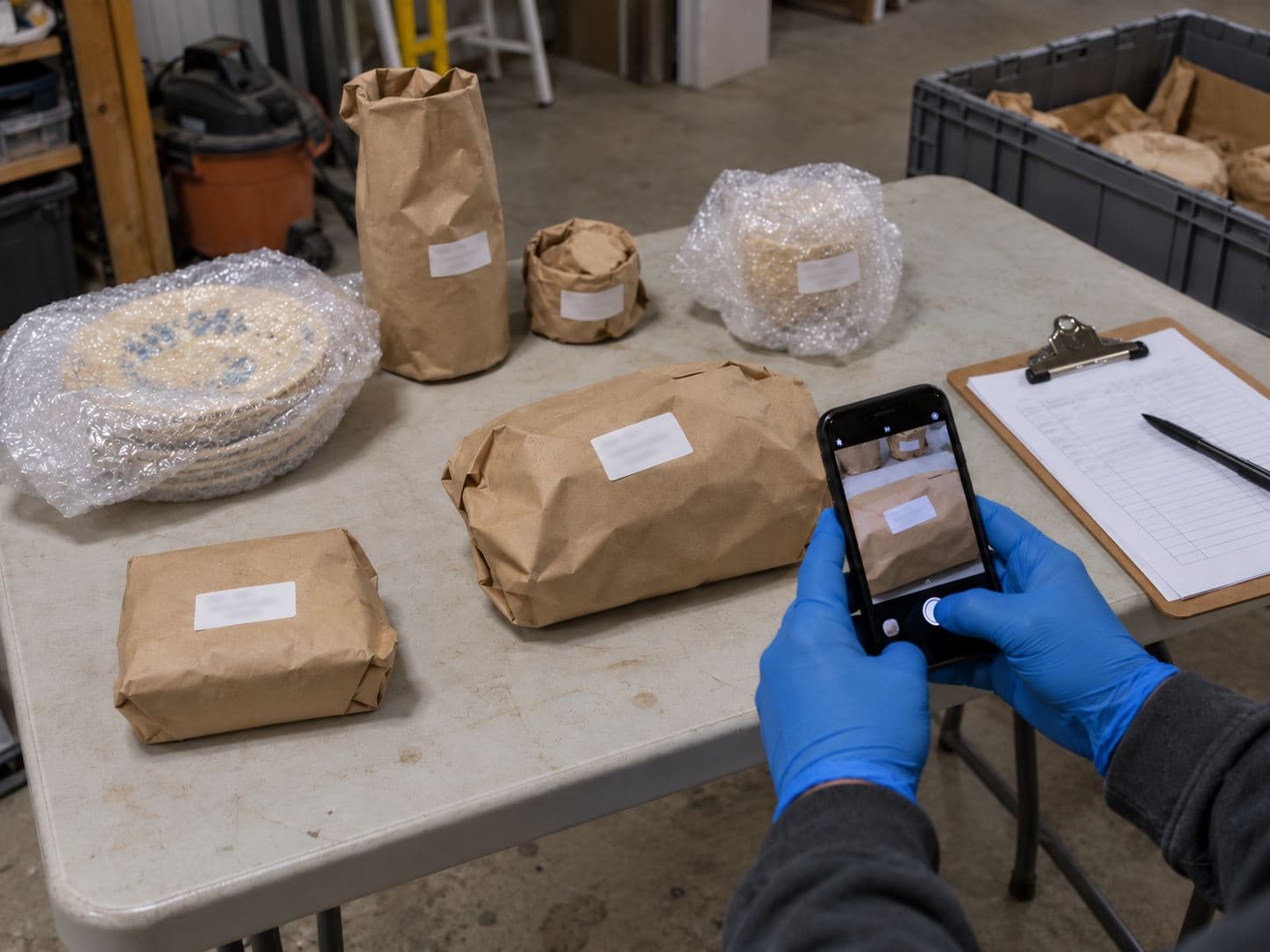 Gloved hands photographing a labelled item on a packing table beside an inventory sheet