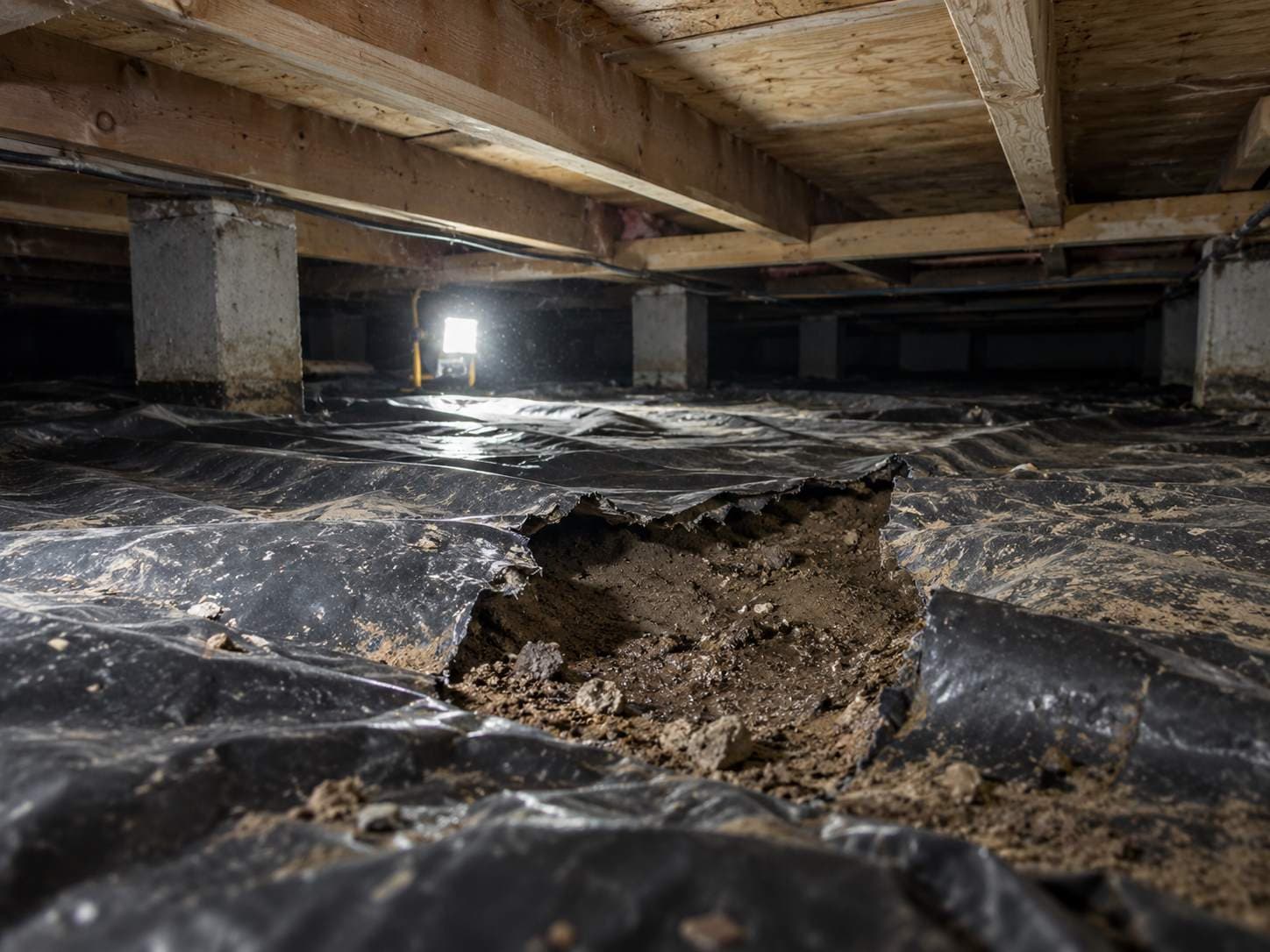 Torn vapour barrier across crawlspace soil beneath floor joists lit by a work light