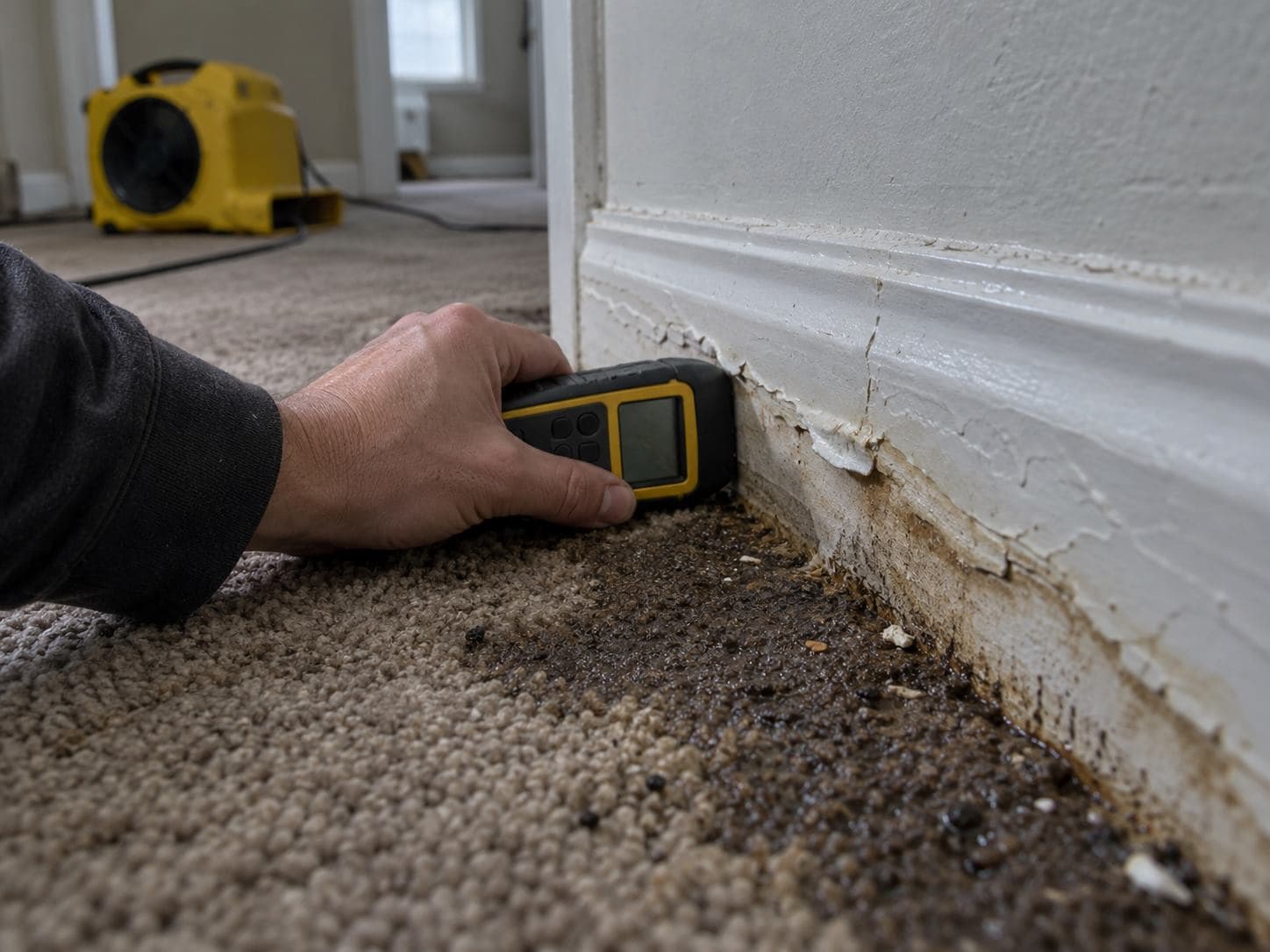 Moisture meter held against a baseboard beside an air mover in a partly cleared room