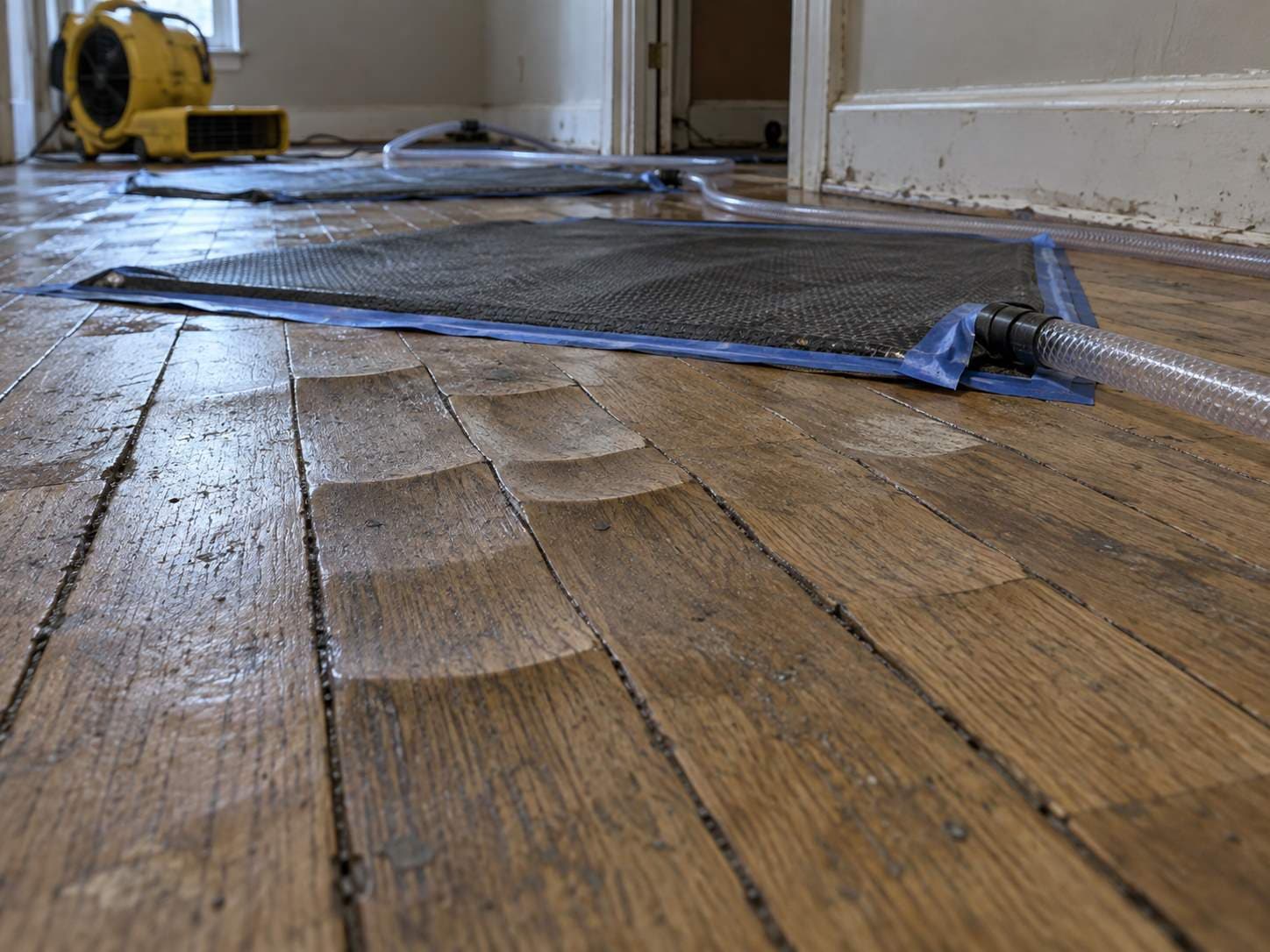 Floor drying mats taped across cupped hardwood boards with a hose running to a suction unit