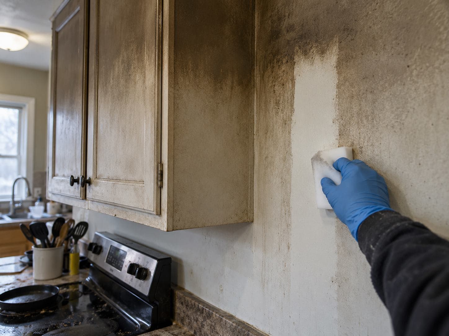 Smoke film on a kitchen cabinet with one stripe wiped clean by a dry sponge