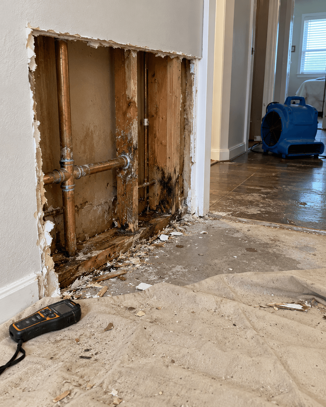 Exposed damp framing and copper plumbing after a pipe failure
