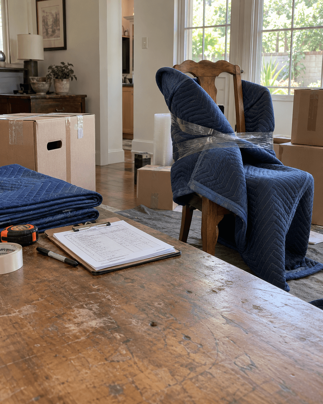 Wrapped furniture and labelled boxes on a restoration packing site