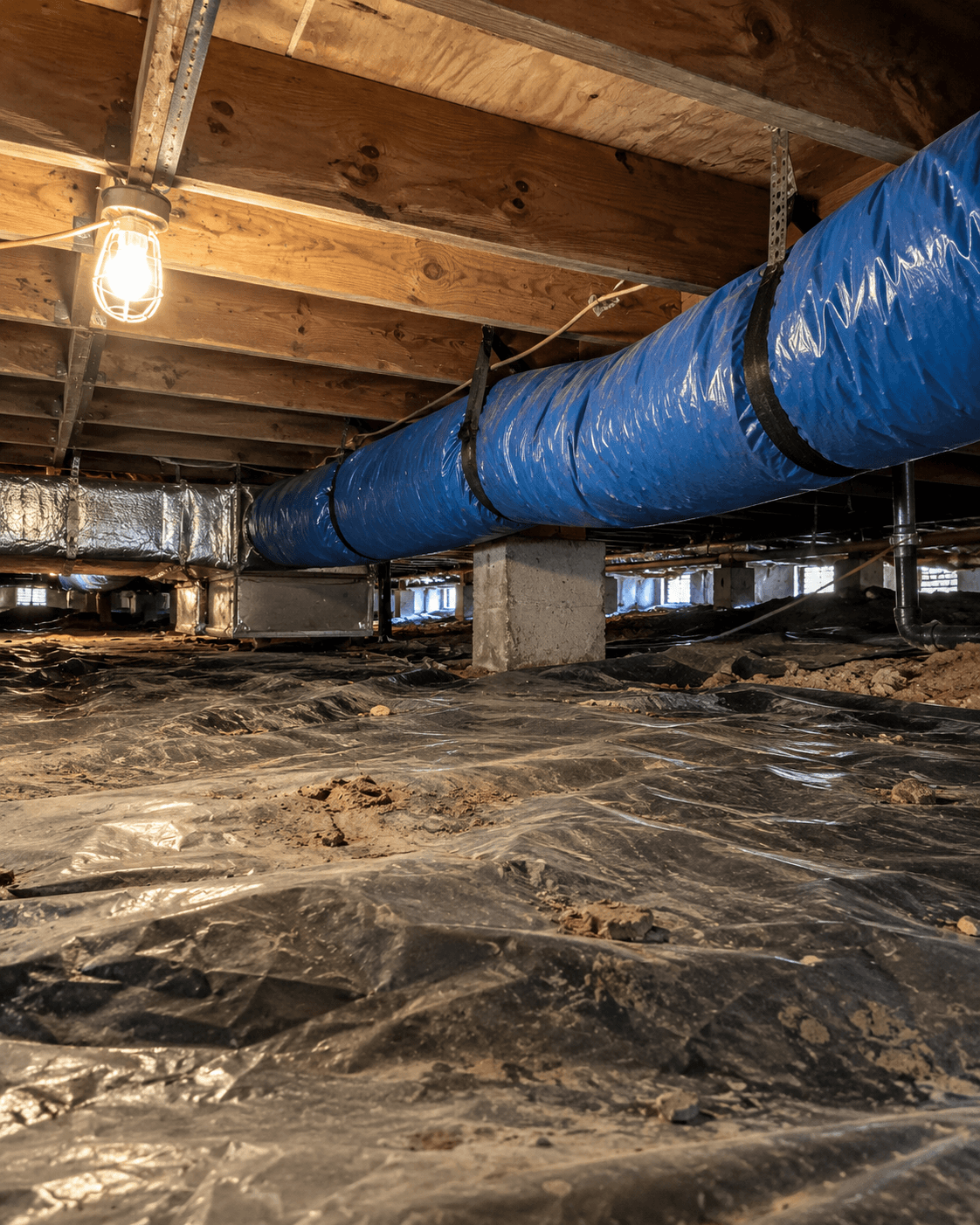Blue drying duct beneath timber joists in a damp crawlspace