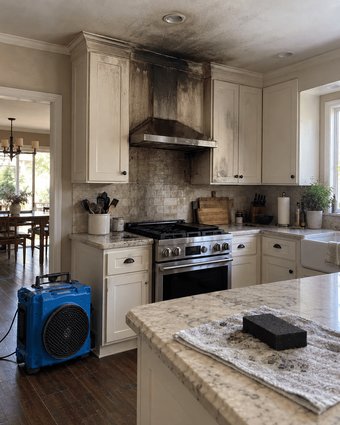 Smoke-damaged kitchen with an air scrubber and cleaning tools