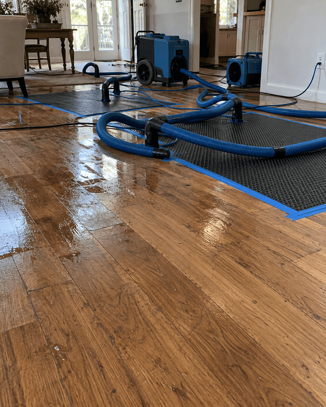 Floor drying mats and hoses on moisture-damaged oak flooring