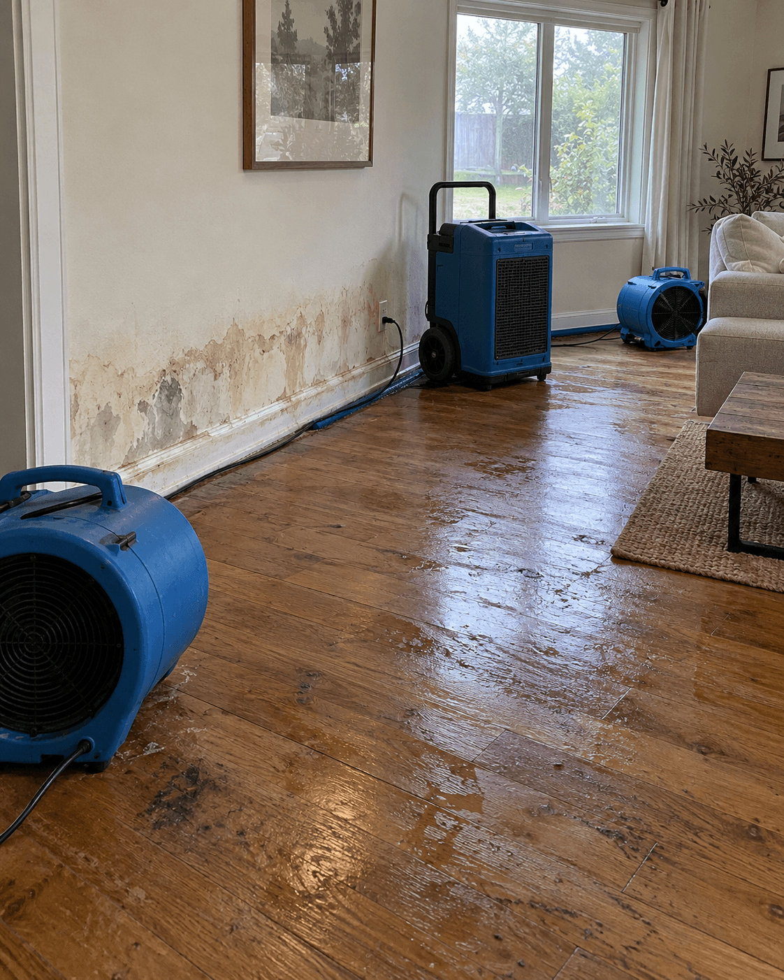 Blue drying equipment in a water-damaged living room