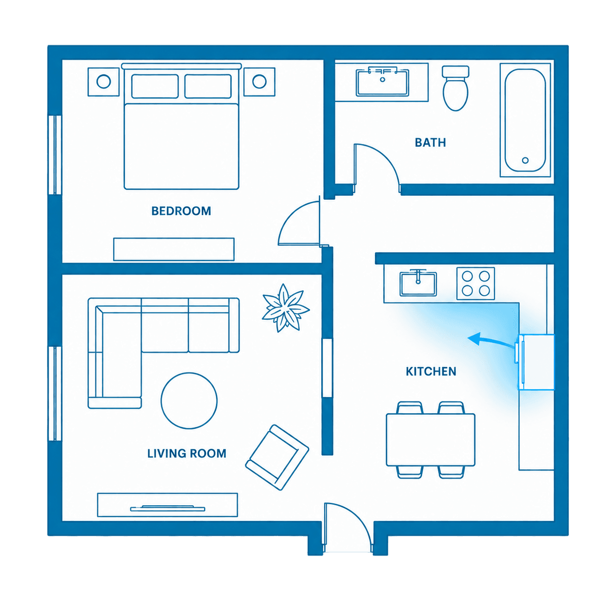 Floor plan of a kitchen showing water spreading from behind an appliance under the cabinet run