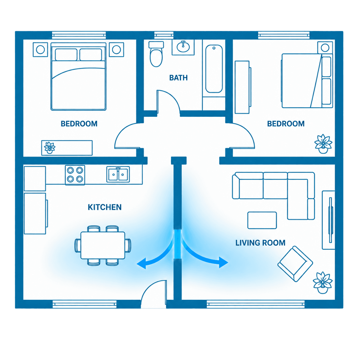 Floor plan showing water from a wall cavity spreading under flooring across two rooms
