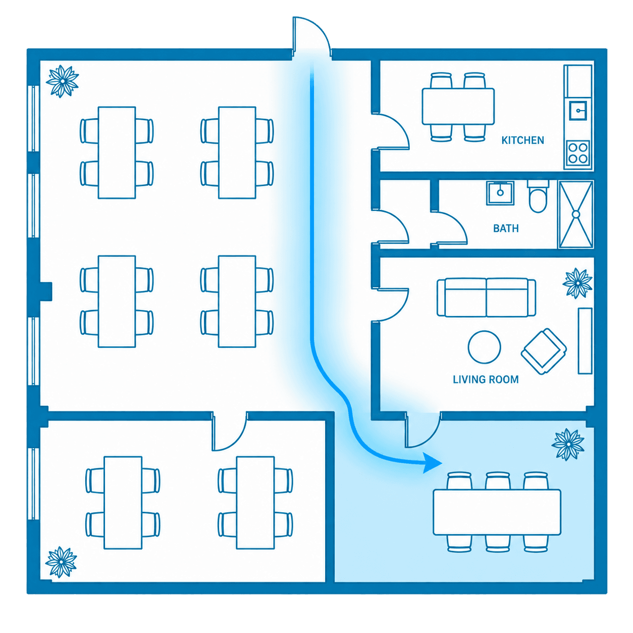 Commercial floor plan divided into open, restricted and contained zones