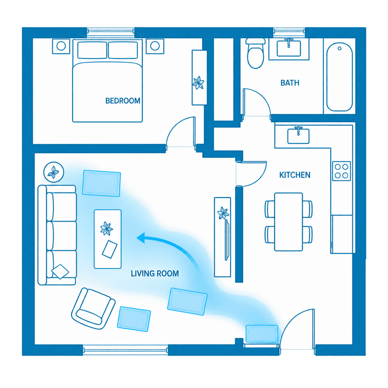 Floor plan showing drying mats laid across a hardwood living room floor