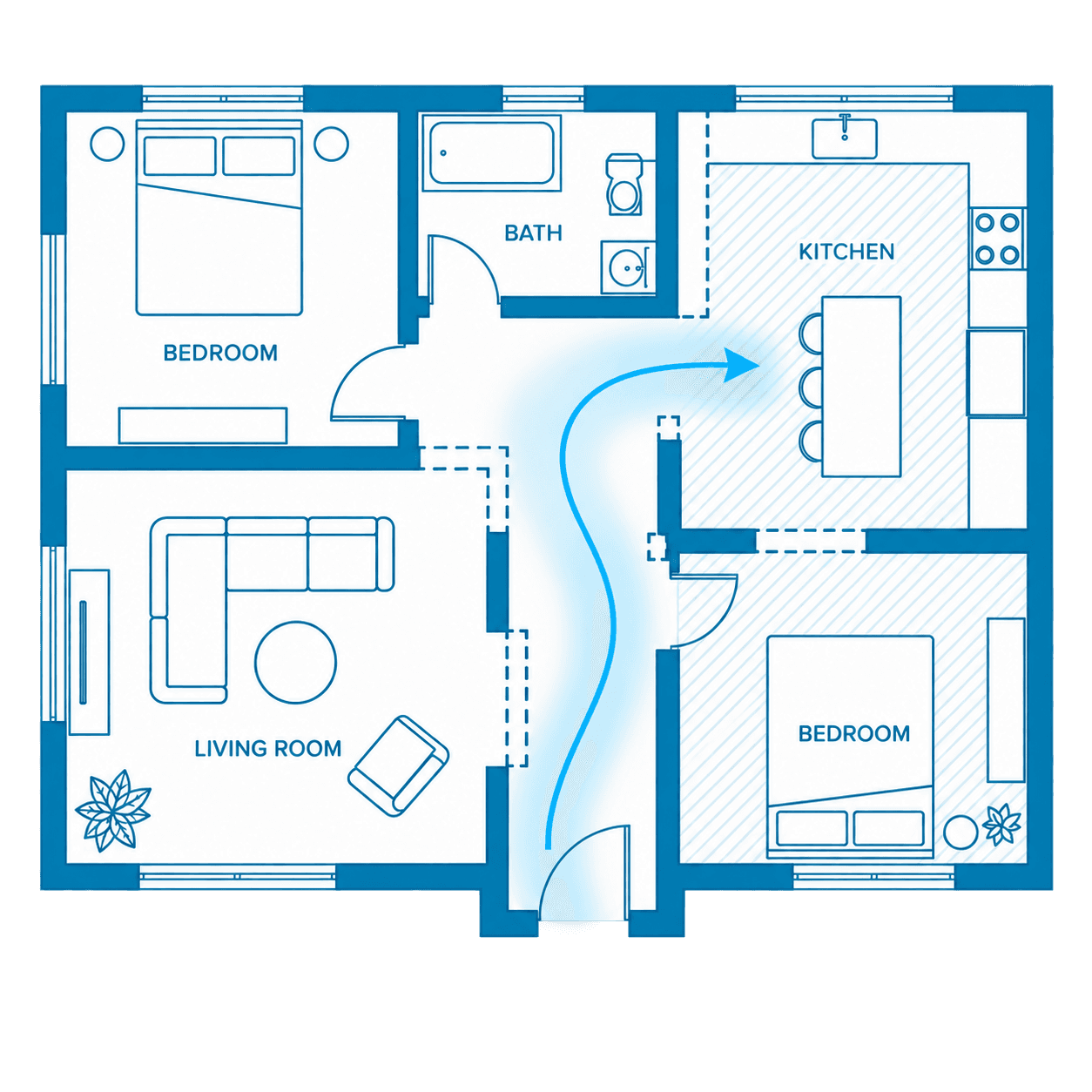Floor plan marking which walls and flooring were removed and are being rebuilt
