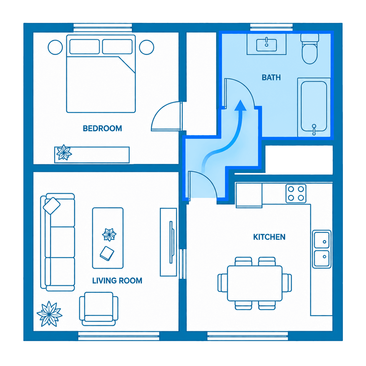 Floor plan showing a contained bathroom and hallway with a sealed work zone