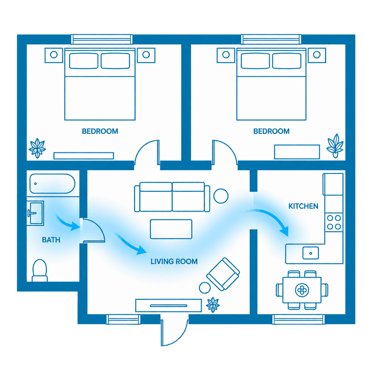 Floor plan showing water spreading from a bathroom through the living room and kitchen