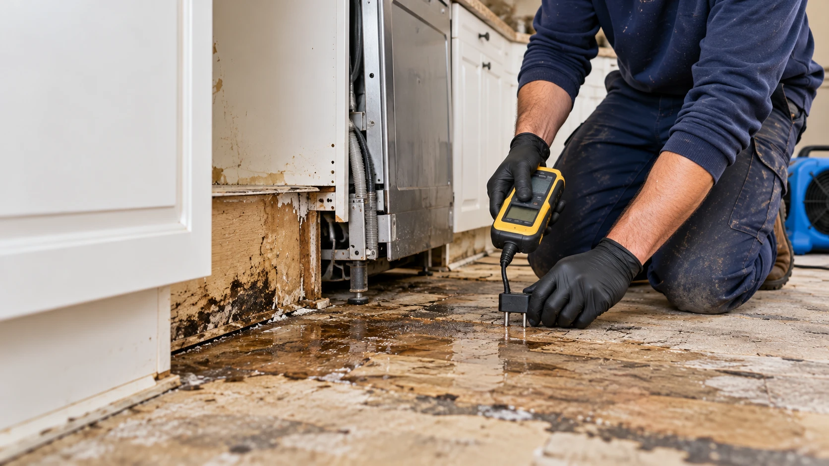 Gloved hands measuring damp subfloor beneath a pulled-out dishwasher