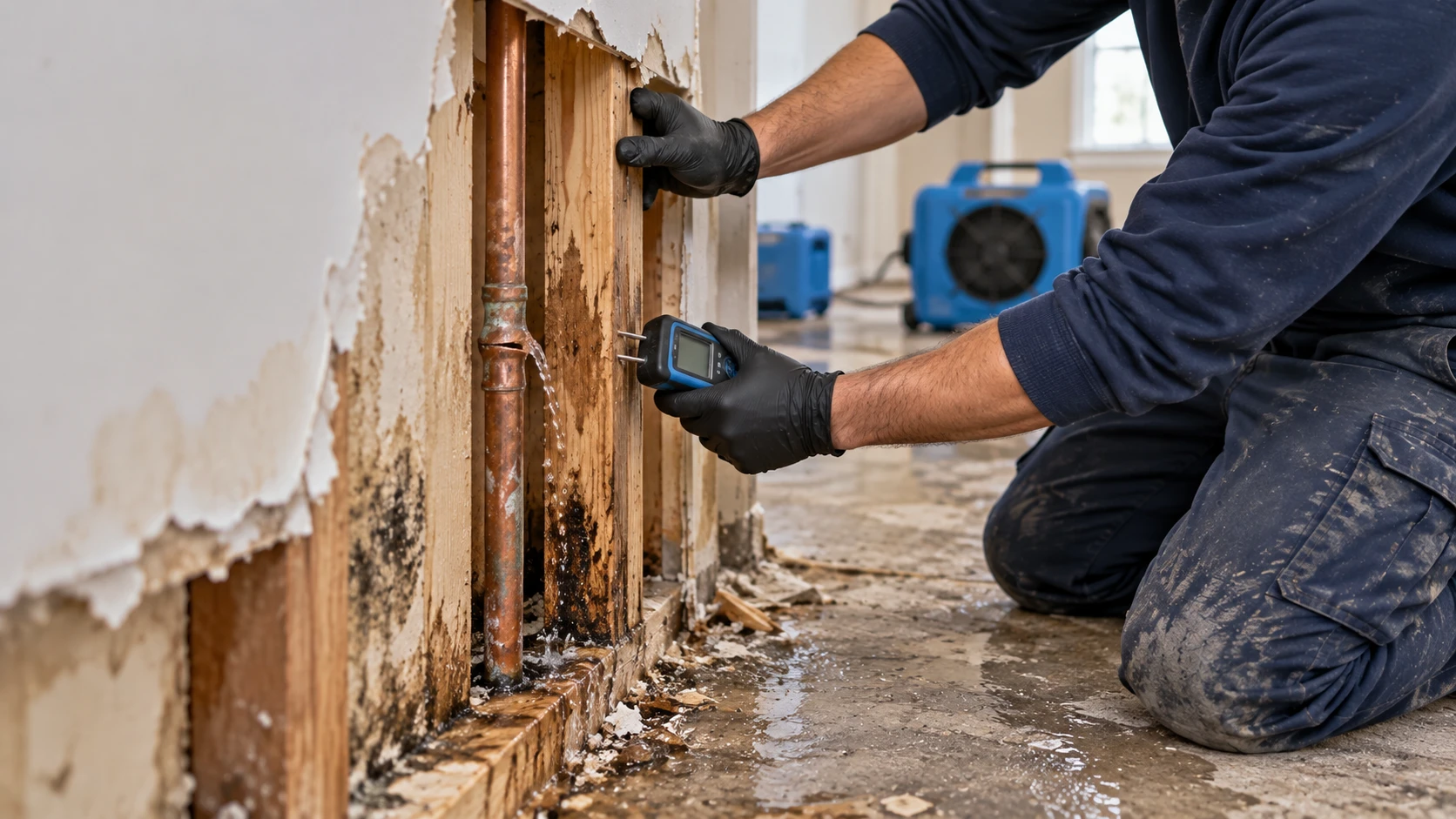 Gloved hands checking moisture in exposed framing beside a failed copper pipe