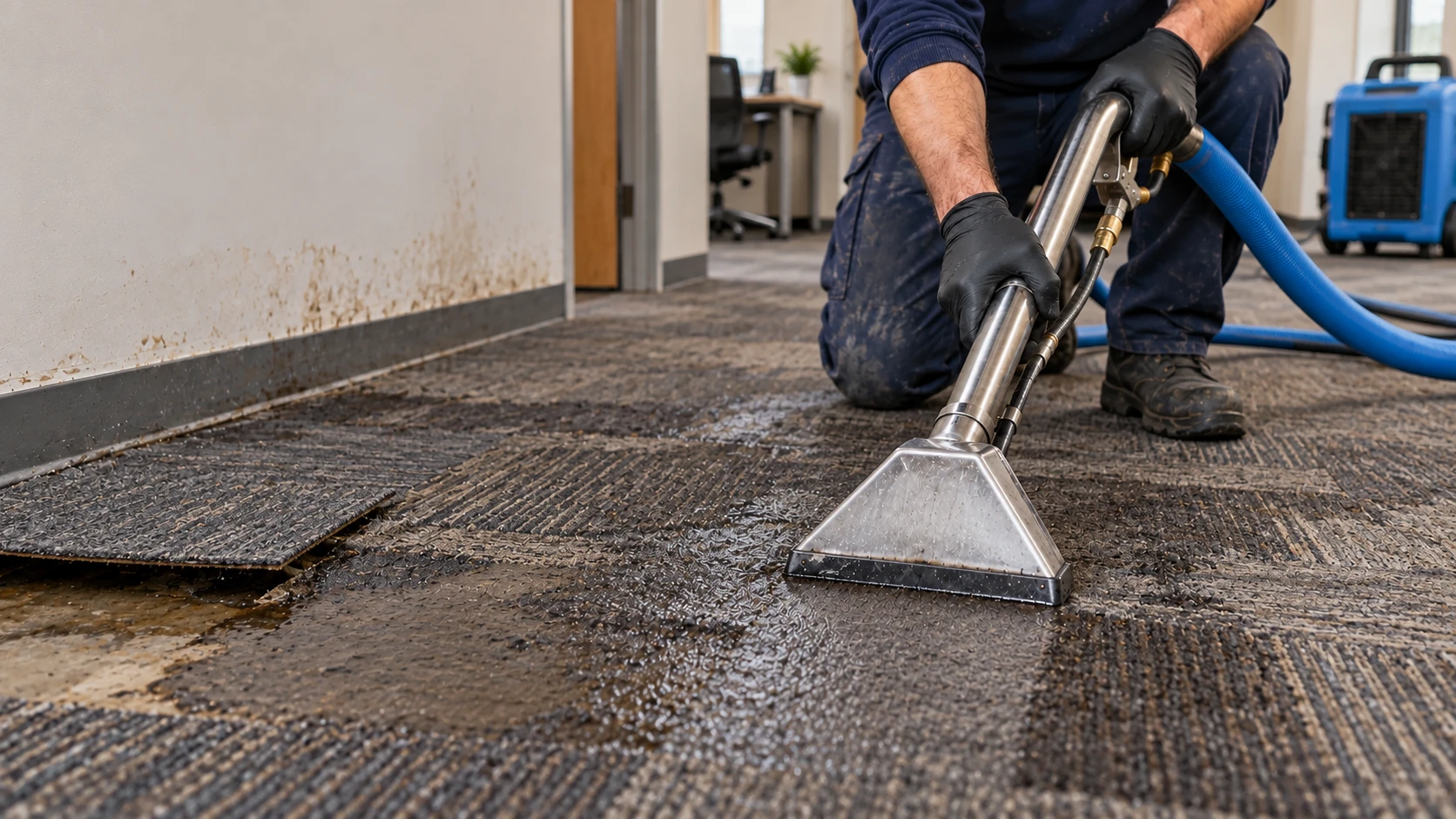 Technician extracting water from damaged carpet tiles in an office