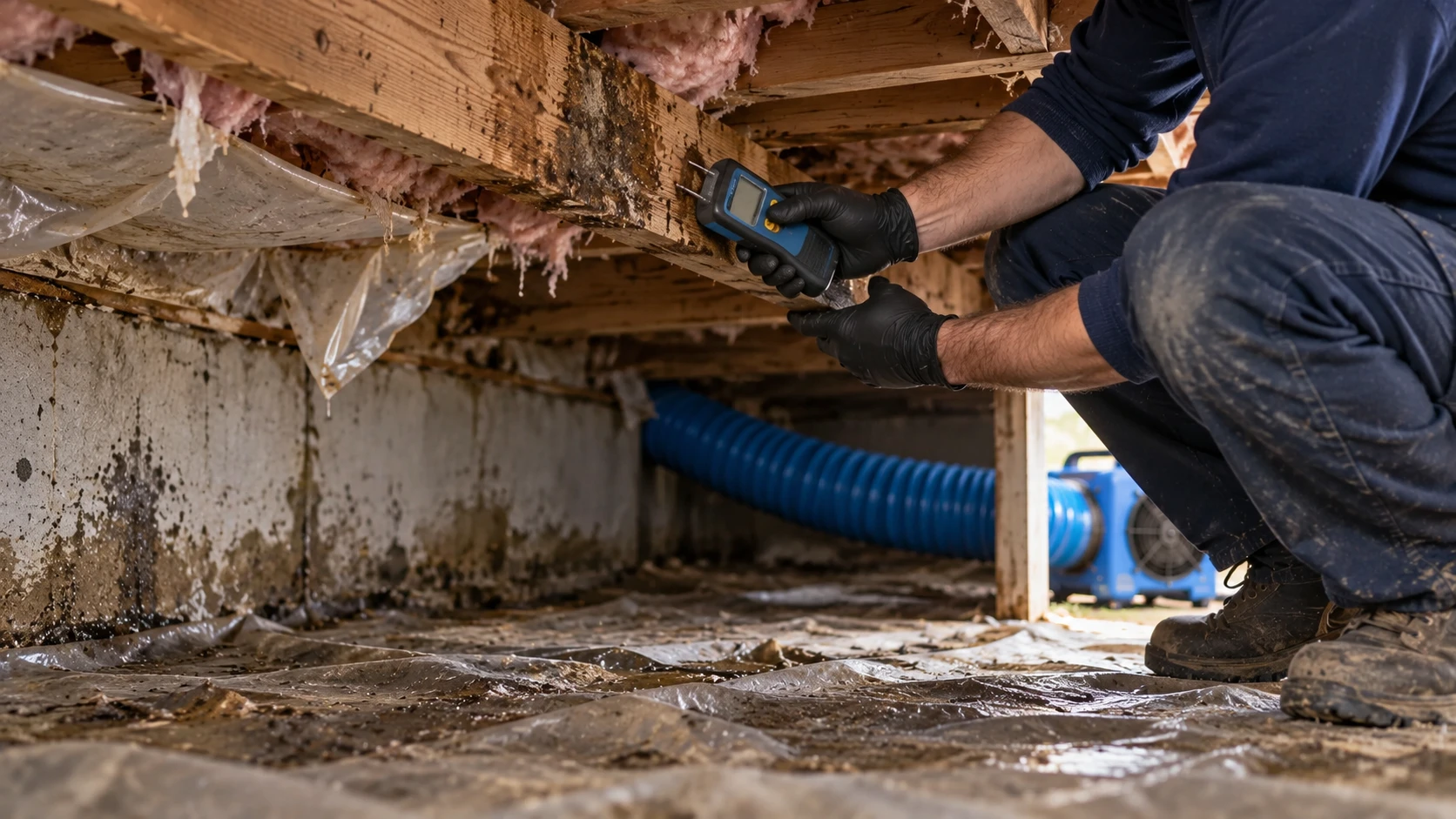Gloved hands checking a damp crawlspace joist with a moisture meter