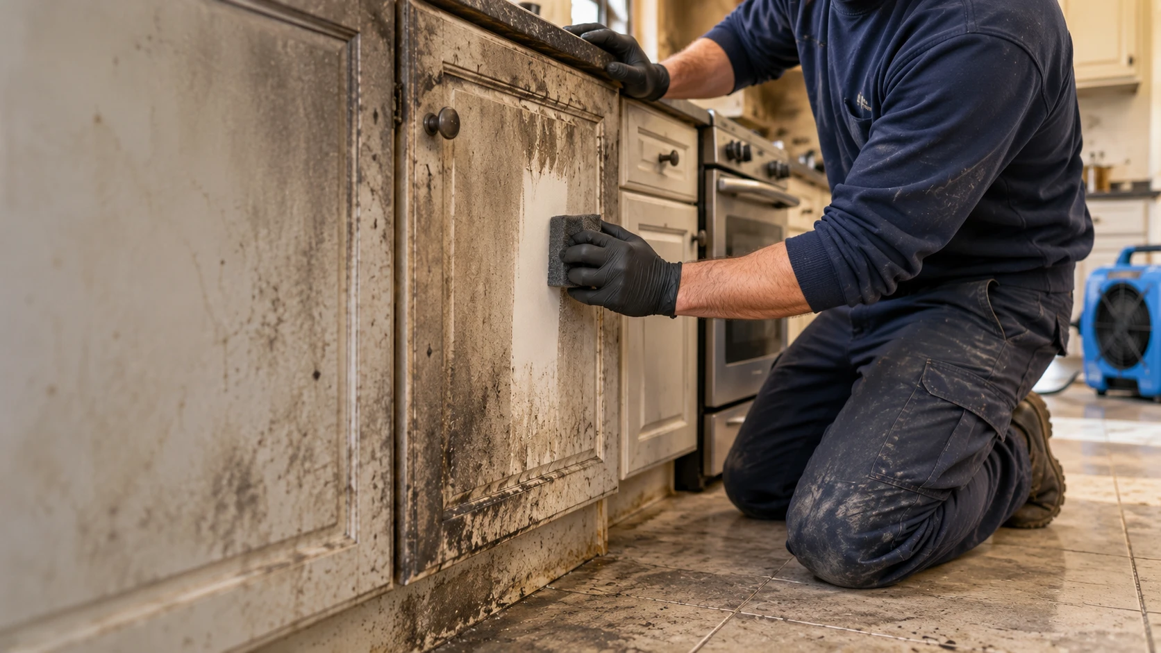 Gloved hands cleaning soot from a smoke-damaged cabinet with a dry sponge