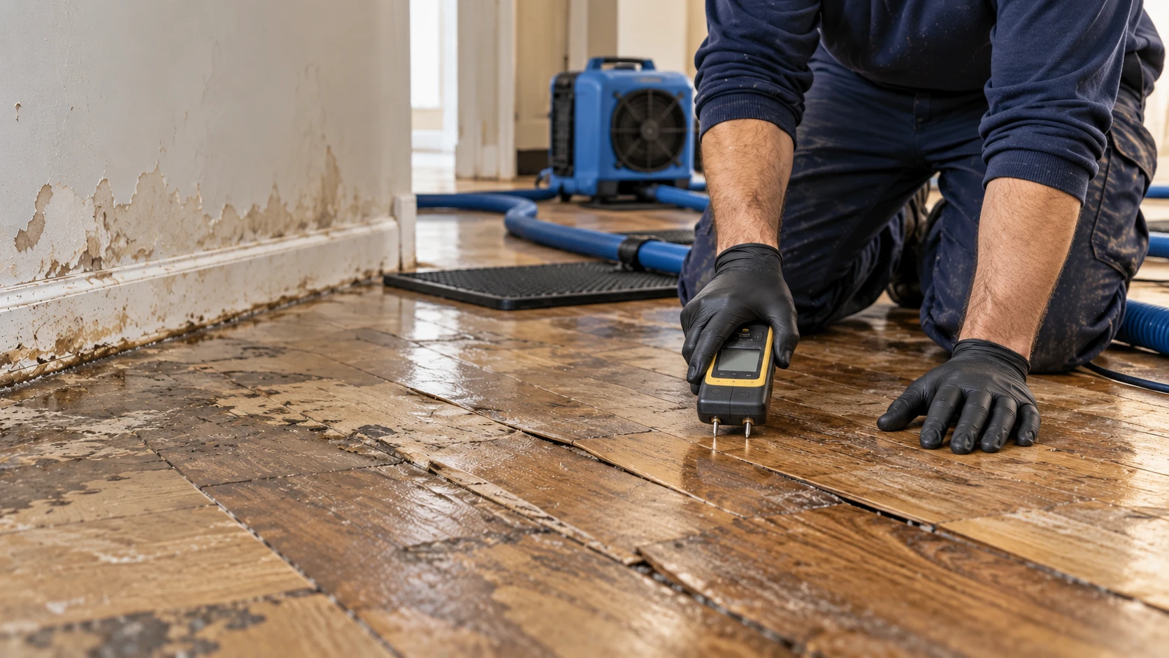 Technician checking moisture in damaged hardwood beside drying mats