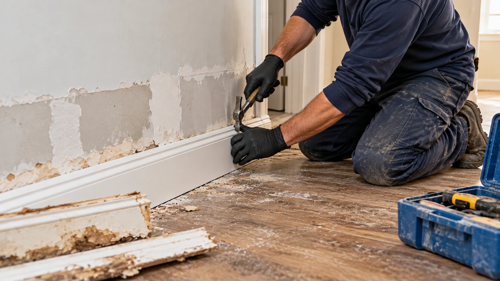 Gloved hands fitting new baseboard against a repaired lower wall