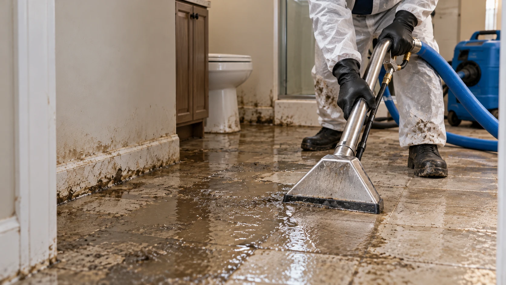 Worker in protective coveralls extracting contaminated water at a bathroom doorway