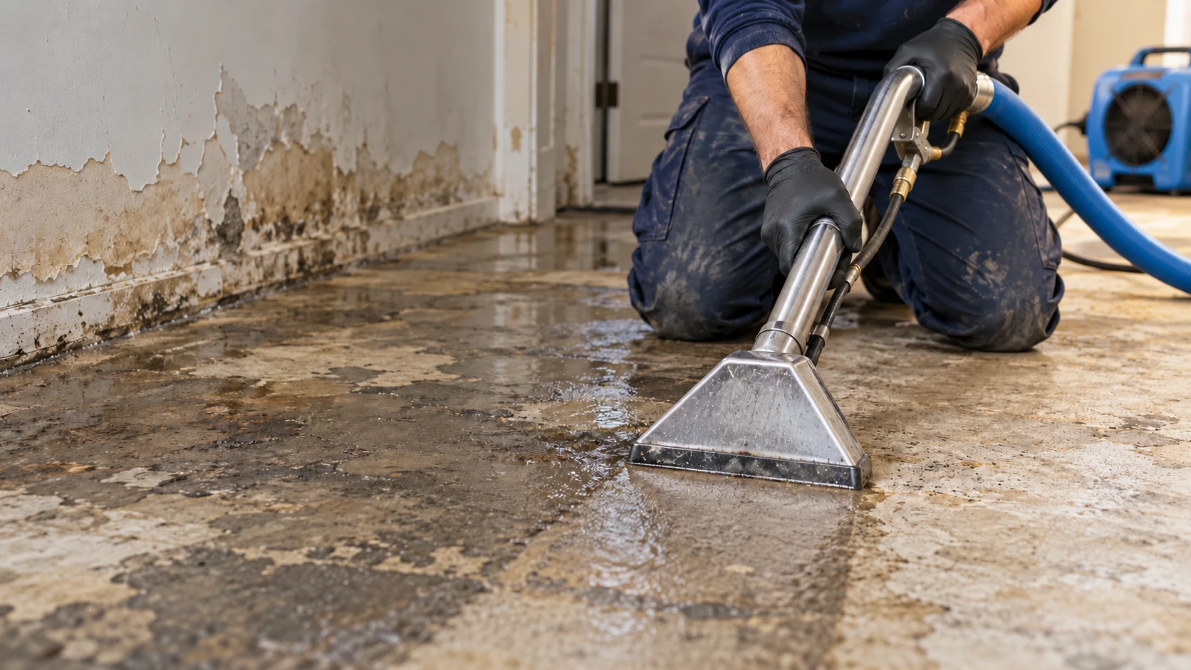 Gloved hands operating an extraction wand on water-damaged flooring beside a stained wall